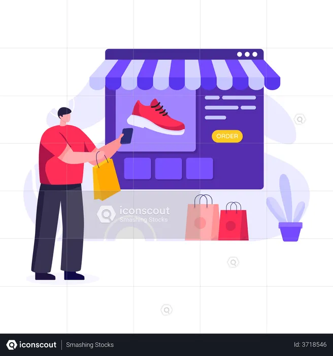 Hombre comprando zapatos en la tienda online  Ilustración