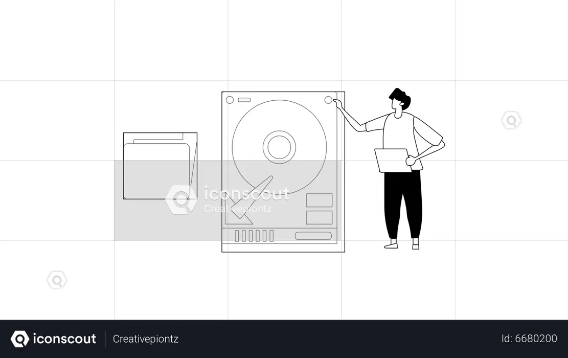 Hombre revisando disco duro  Ilustración