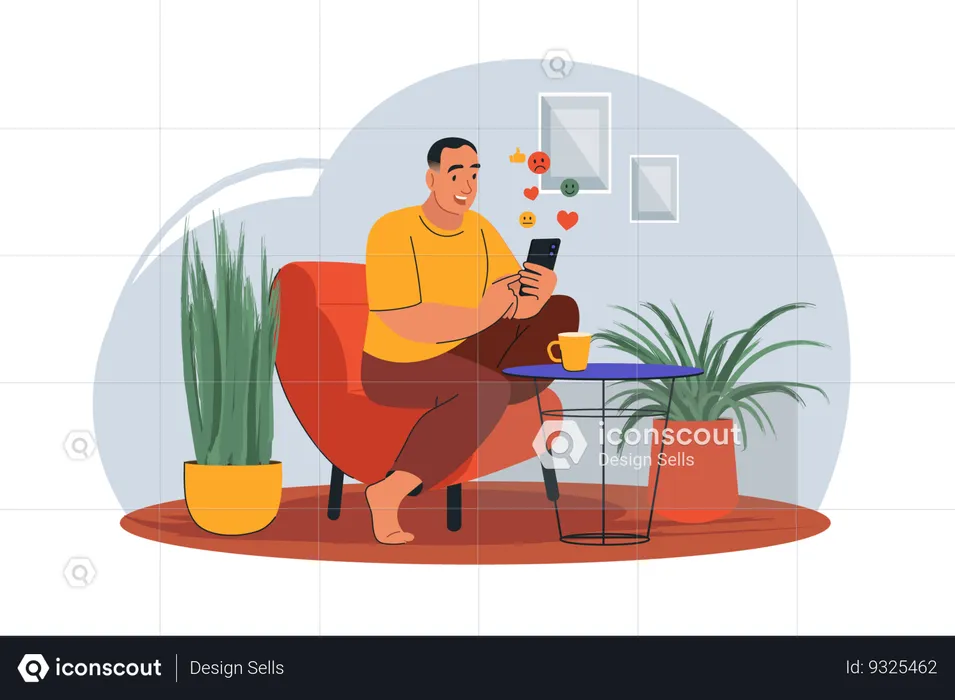 El hombre revisa las redes sociales sentado en casa  Ilustración