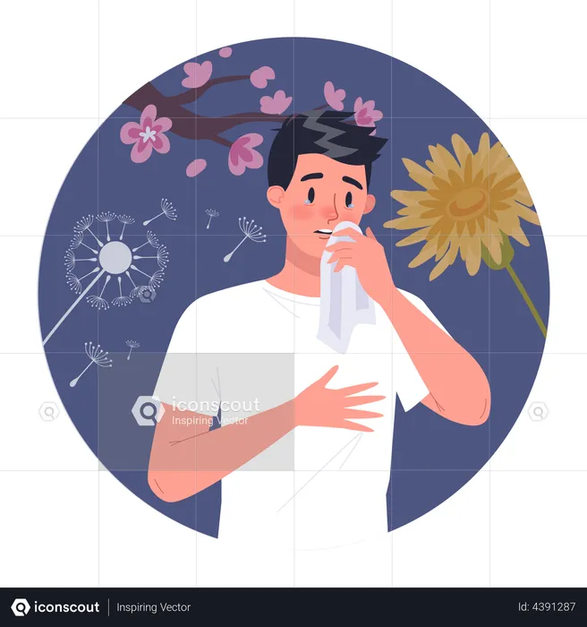 Hombre con alergia al polen  Ilustración