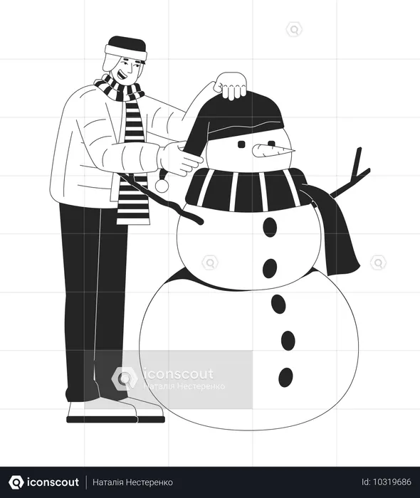 Chaqueta acolchada de invierno para hombre poniéndose un sombrero en un muñeco de nieve  Ilustración