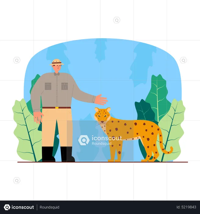 Hombre con leopardo en la selva  Ilustración