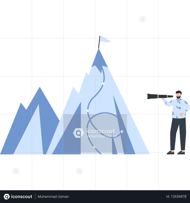 Hombre con telescopio observando la cima de una montaña Estrategia empresarial Logro de objetivos Visión  Ilustración
