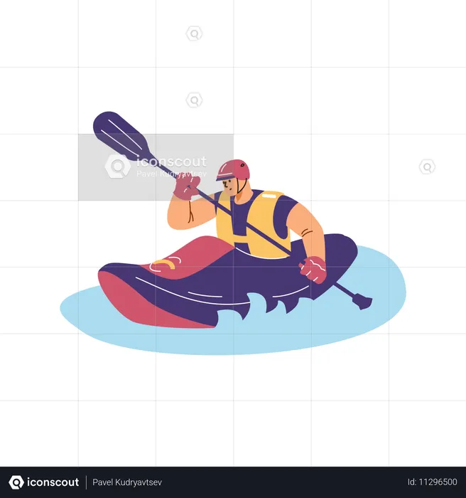 Hombre con un remo en un kayak flotando en el agua  Ilustración