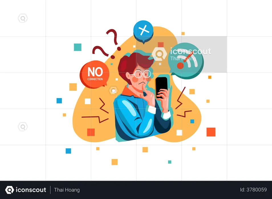 Hombre confuso debido a que no hay error de conexión  Ilustración