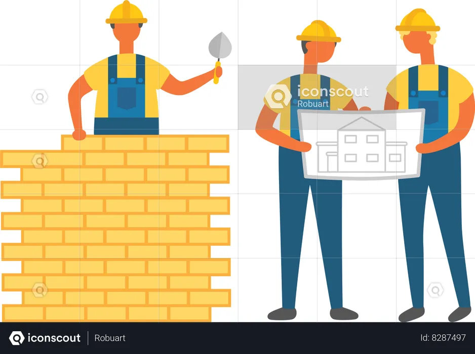 Hombre construyendo pared con ladrillos  Ilustración