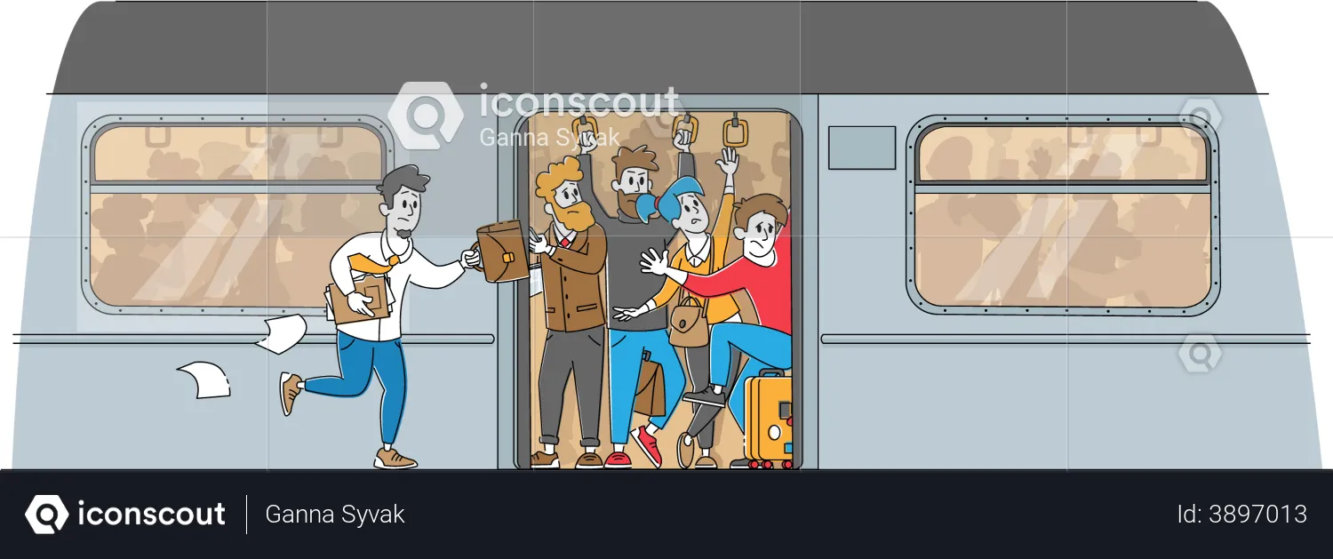 Hombre corriendo en la plataforma del metro para tomar el tren  Ilustración