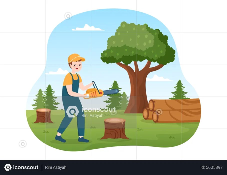 Hombre cortando arbol  Ilustración