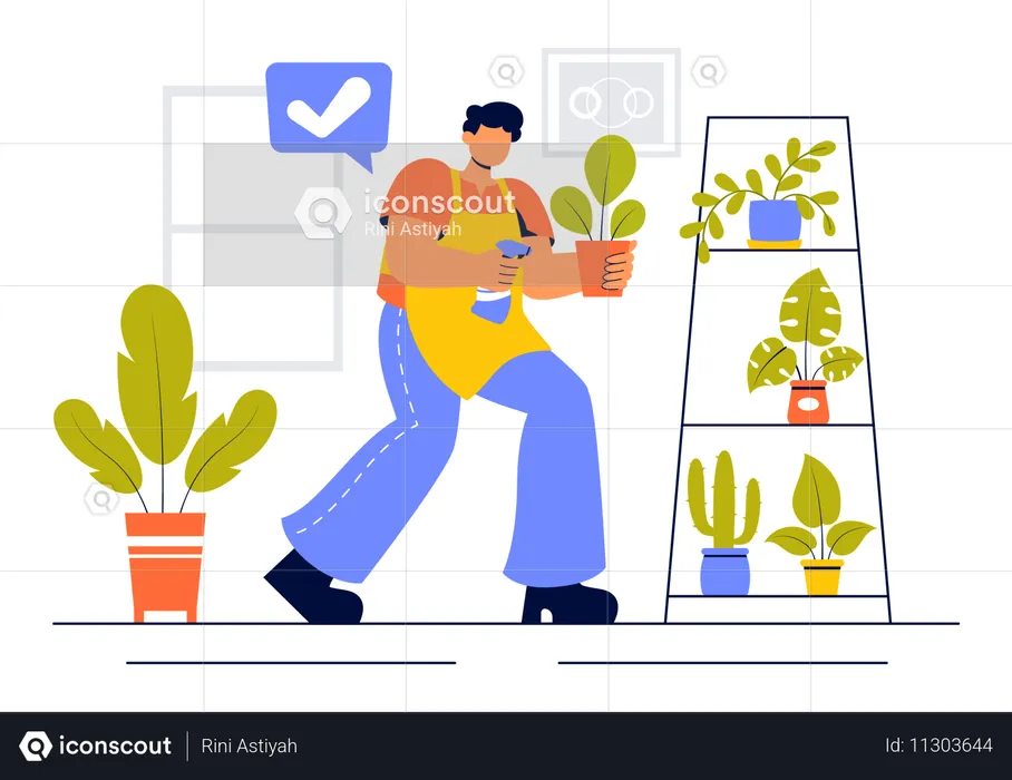 Hombre cuidando la planta  Ilustración