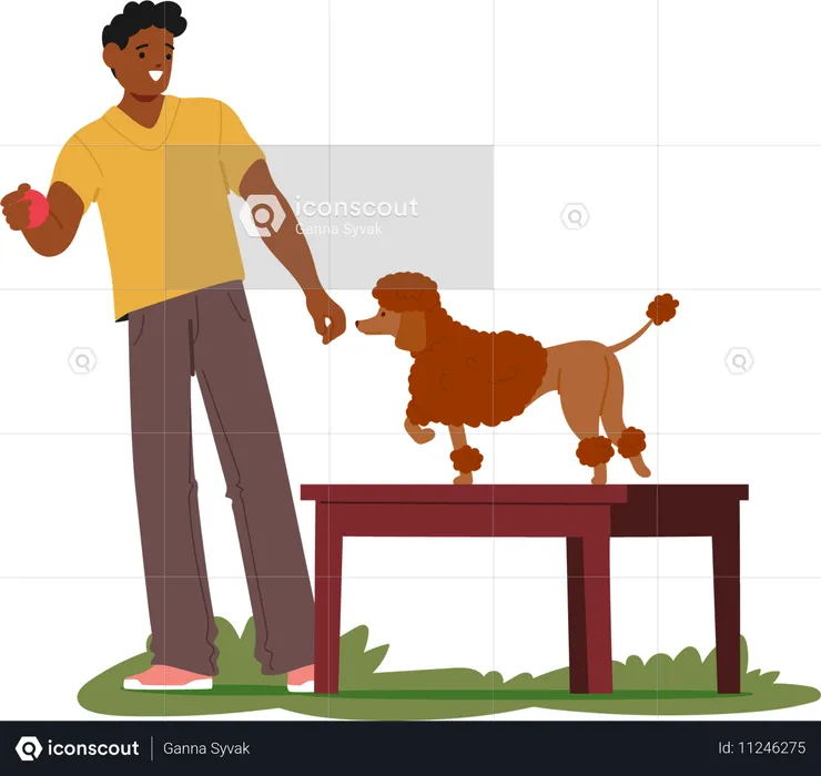 Hombre dando entrenamiento a un perro con una pelota  Ilustración