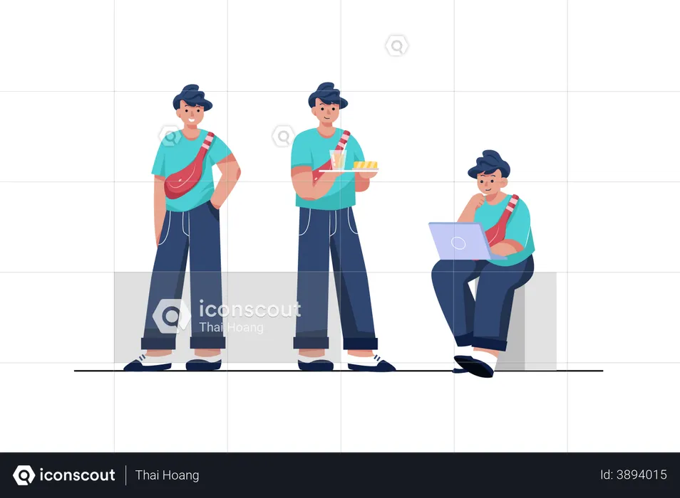 Hombre dando poses de trabajar y comer.  Ilustración