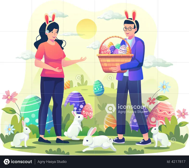 Hombre dándole una canasta llena de huevos de Pascua decorados a una mujer  Ilustración