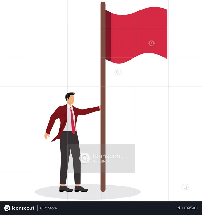 Empresario de pie con bandera roja  Ilustración