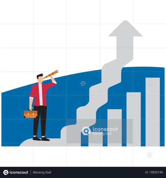 Hombre de negocios de pie mirando hacia la parte superior del gráfico.  Ilustración