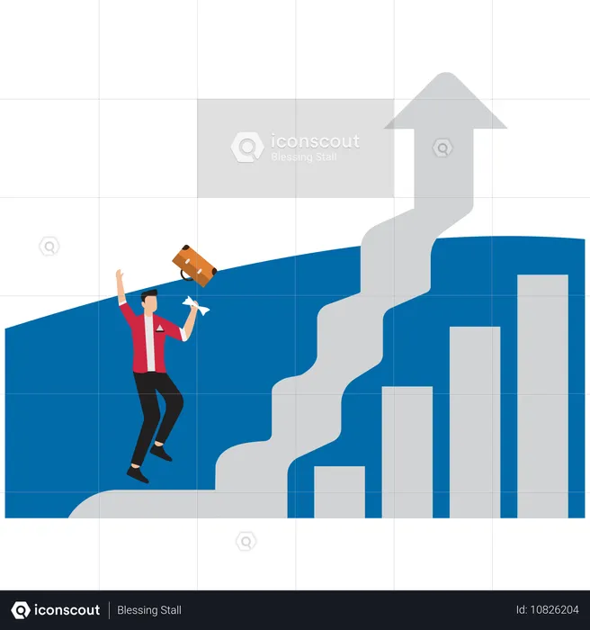 Hombre de negocios de pie mirando hacia la parte superior del gráfico con flechas  Ilustración