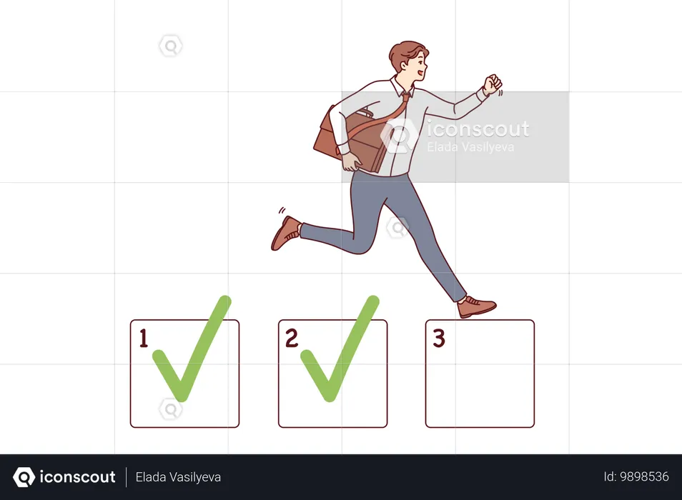 Hombre de negocios dedicado a la gestión de tareas y al marcado de proyectos ya completados  Ilustración