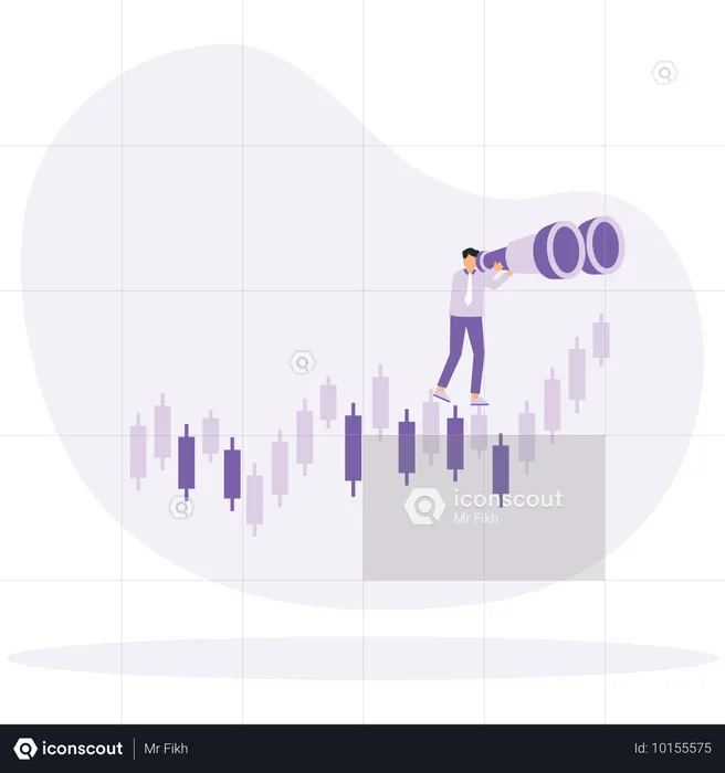 Hombre de negocios mirando a través de binoculares un gráfico de velas comerciales  Ilustración