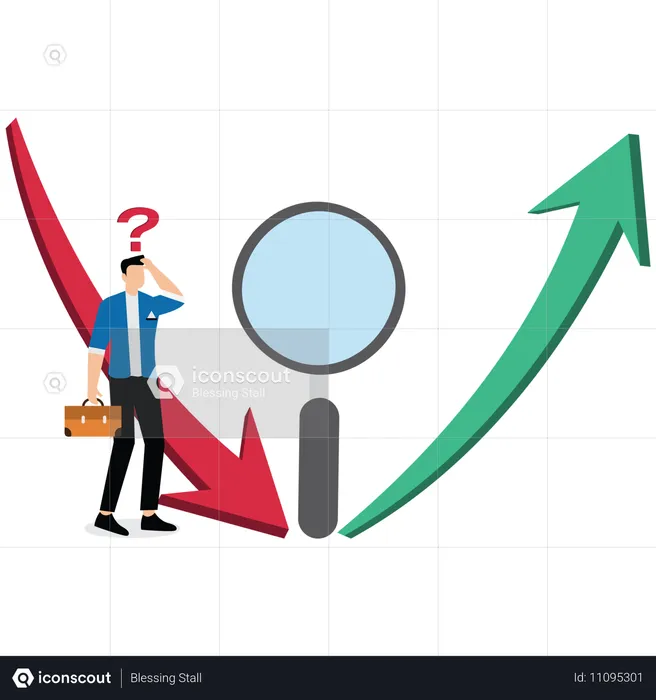 Hombre de negocios mirando con curiosidad las flechas hacia arriba y hacia abajo a la izquierda y a la derecha de la lupa.  Illustration