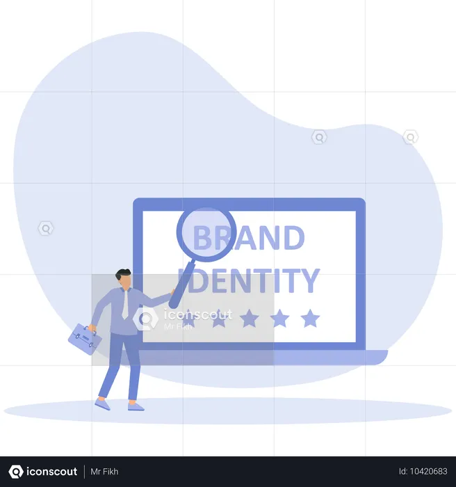 Hombre de negocios mirando el texto de identidad de marca en la computadora mientras usa una lupa  Ilustración