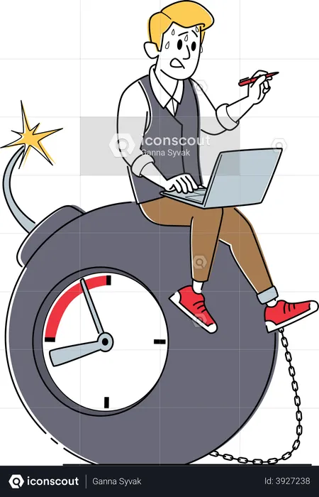 Empresario sudoroso sentado sobre una bomba con mecha encendida y reloj haciendo tictac  Ilustración