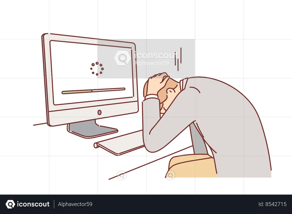 Un hombre de negocios sufre una avería en la computadora y se agarra la cabeza al ver la barra de progreso en el monitor  Ilustración