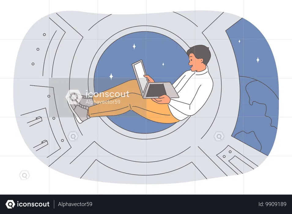 Un hombre de negocios trabaja en una nave espacial usando una computadora portátil durante un vuelo interplanetario a través de la galaxia  Ilustración