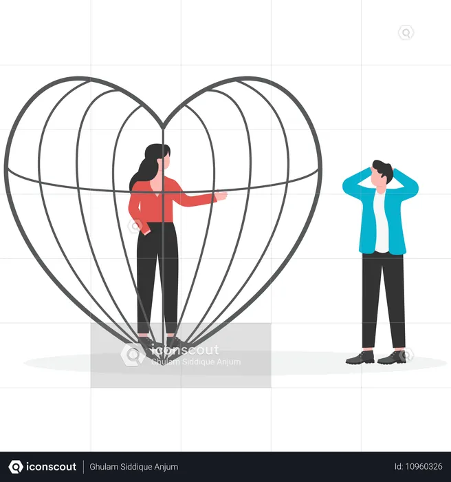 Hombre de negocios y mujer encerrados en una jaula con forma de corazón anhelando afecto mutuo  Illustration