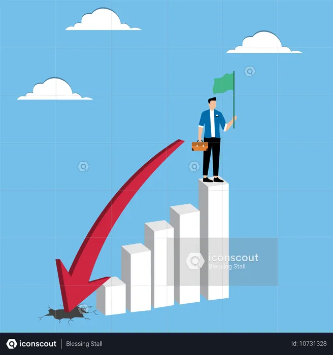 Hombre de pie sobre gráfico de caída  Ilustración