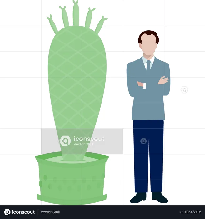 Hombre de pie cerca de la planta Pachycereus  Ilustración