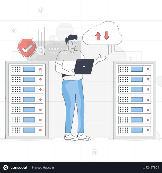 Un hombre se encuentra junto a un servidor trabajando en una computadora portátil concentrado en su tarea en un entorno tecnológico.  Ilustración