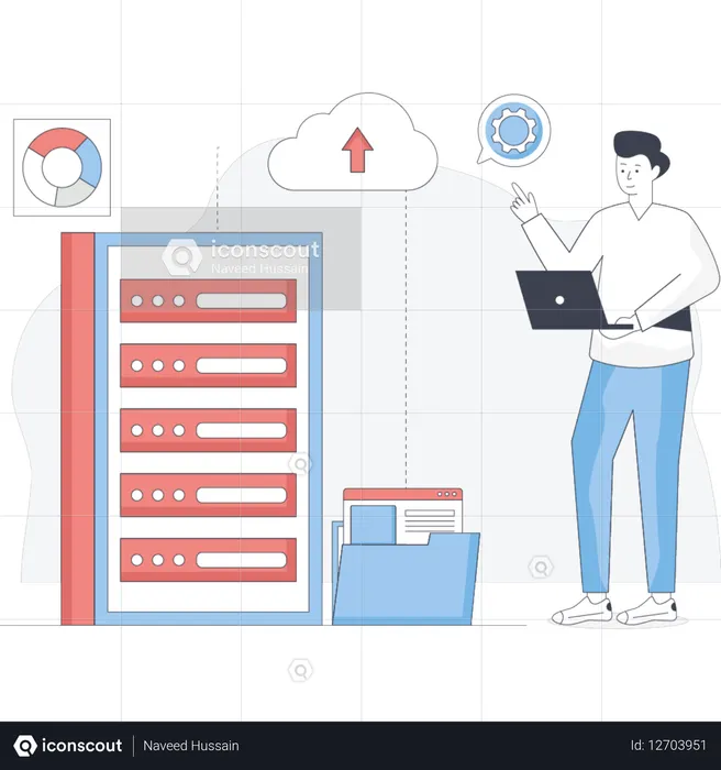 Un hombre se encuentra junto a un servidor trabajando en una computadora portátil concentrado en su tarea en un entorno tecnológico.  Ilustración