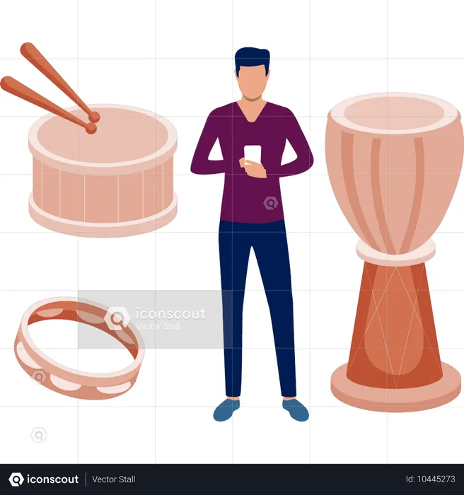 Hombre de pie junto a un tambor musical  Ilustración