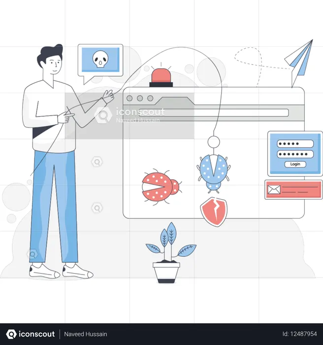 Un hombre se encuentra junto a una pantalla de computadora con una computadora y un mouse en el escritorio frente a él.  Ilustración