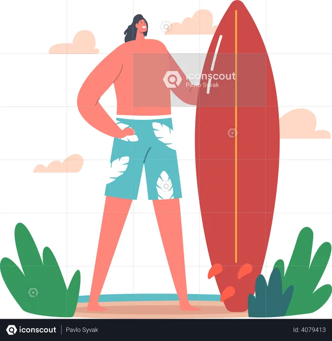 Hombre de pie mientras sostiene la tabla de surf  Ilustración