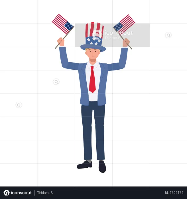 Hombre de traje con bandera americana  Ilustración