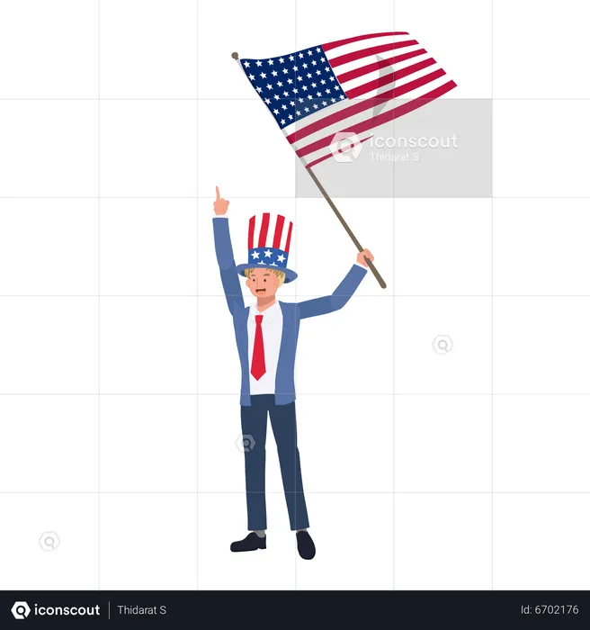 Hombre de traje con bandera americana  Ilustración