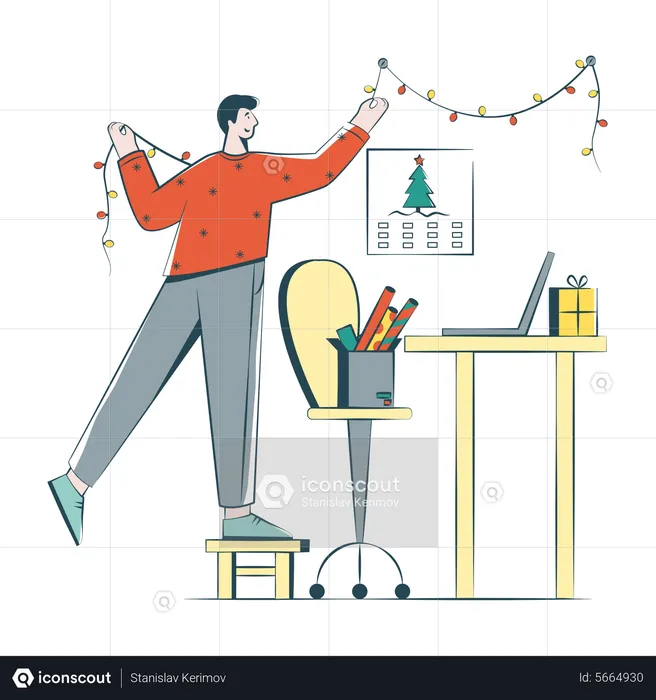 El hombre decora su lugar de trabajo para Navidad.  Ilustración