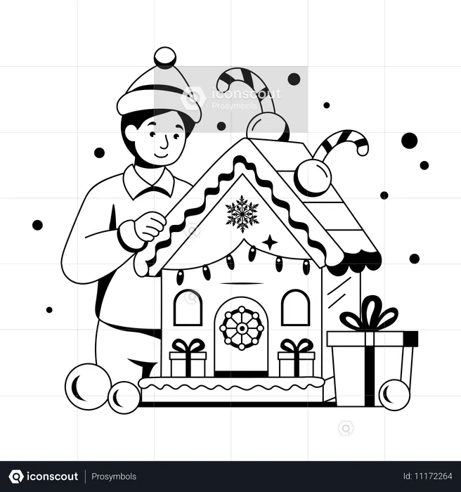 Hombre decorando su casa en Navidad  Ilustración