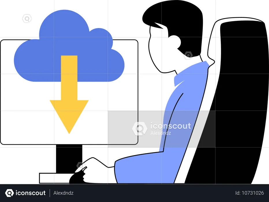 Hombre descargando archivos del sistema en la nube  Ilustración
