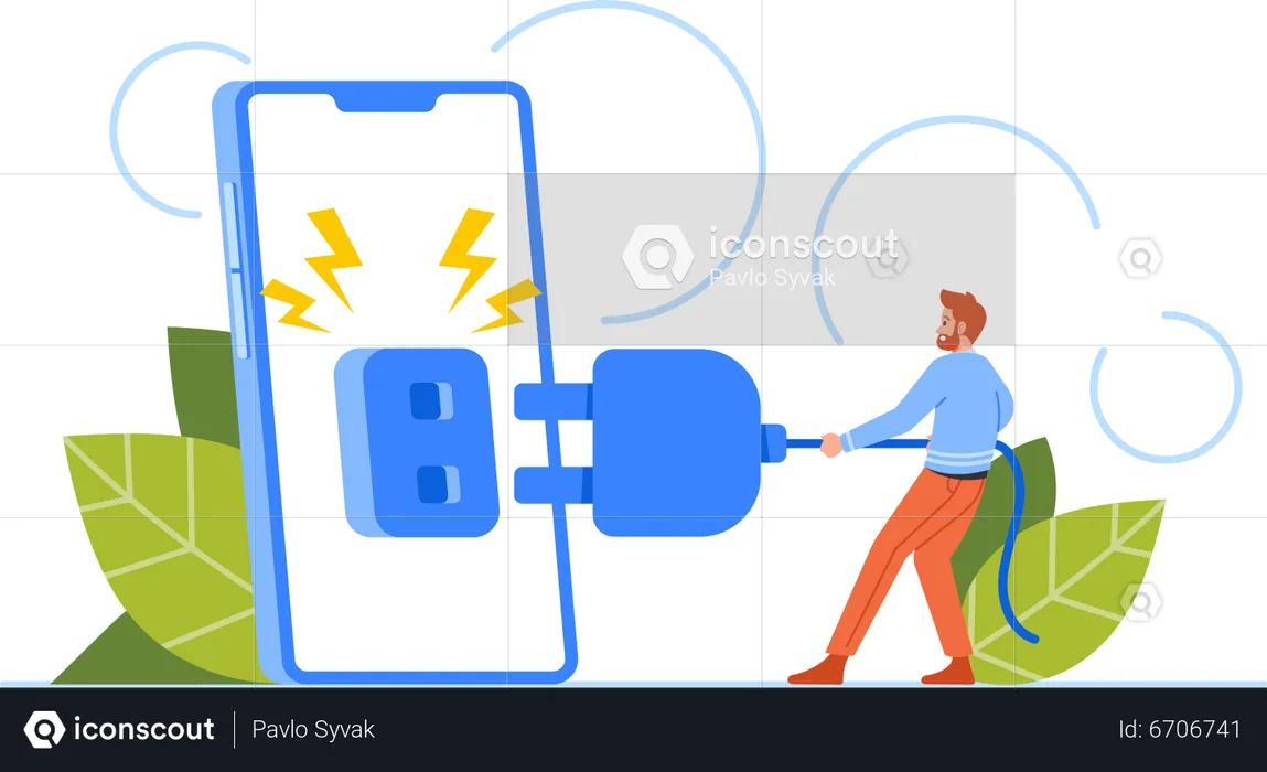 Hombre desconectándose de un teléfono enorme  Ilustración