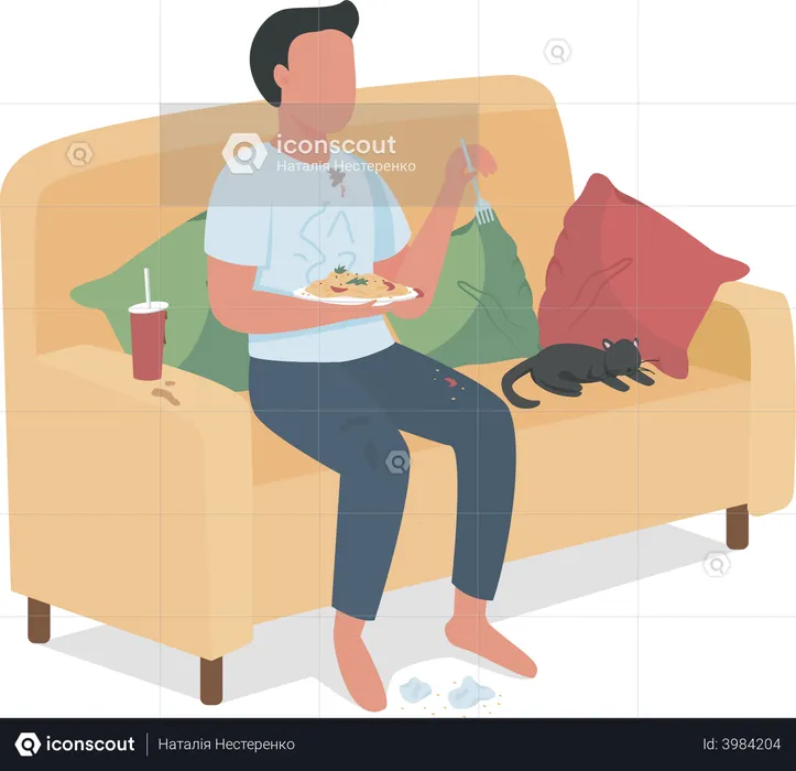 Hombre descuidado comiendo comida chatarra en el sofá  Ilustración