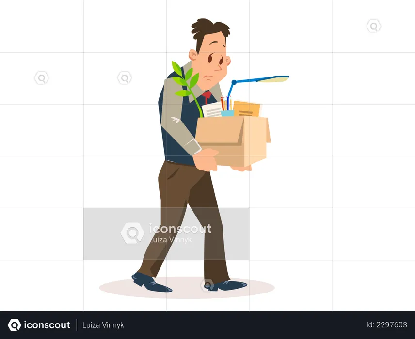 Hombre despedido llevando una caja con sus pertenencias  Ilustración