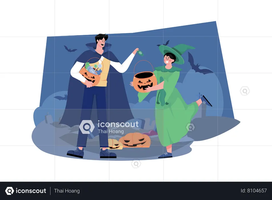 Hombre disfrazado dando dulces  Ilustración