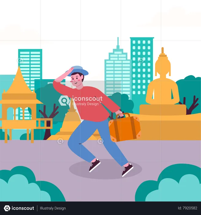 Hombre disfrutando de vacaciones en la ciudad de Bangkok  Ilustración