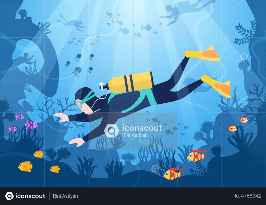 Hombre disfrutando del buceo  Ilustración