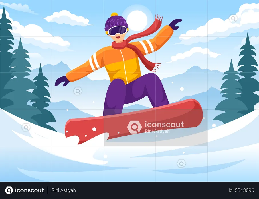 Hombre disfrutando del snowboard  Ilustración