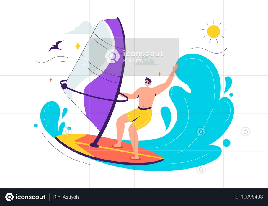 Hombre disfrutando del surf en la playa  Ilustración