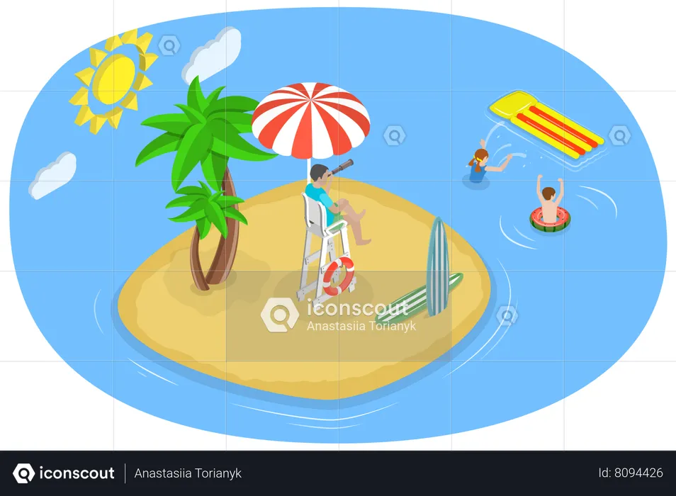 Hombre disfrutando en la playa  Ilustración