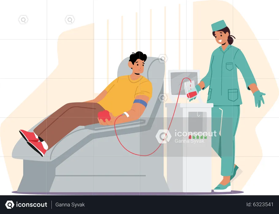 Hombre donando sangre para personas enfermas.  Ilustración