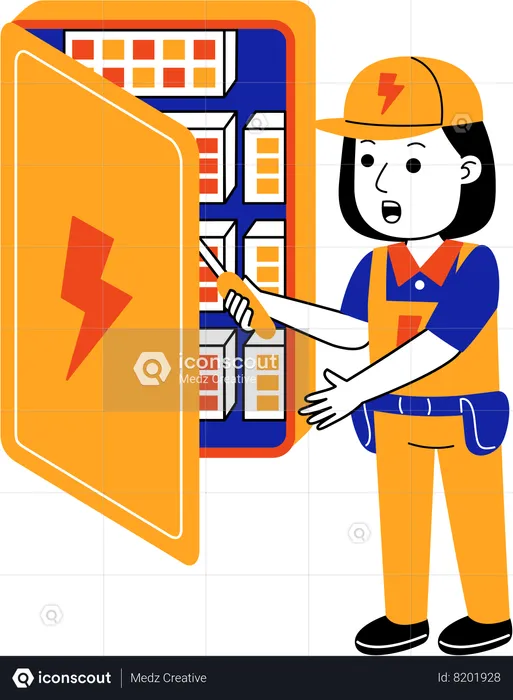 Hombre electricista reparando caja eléctrica  Ilustración